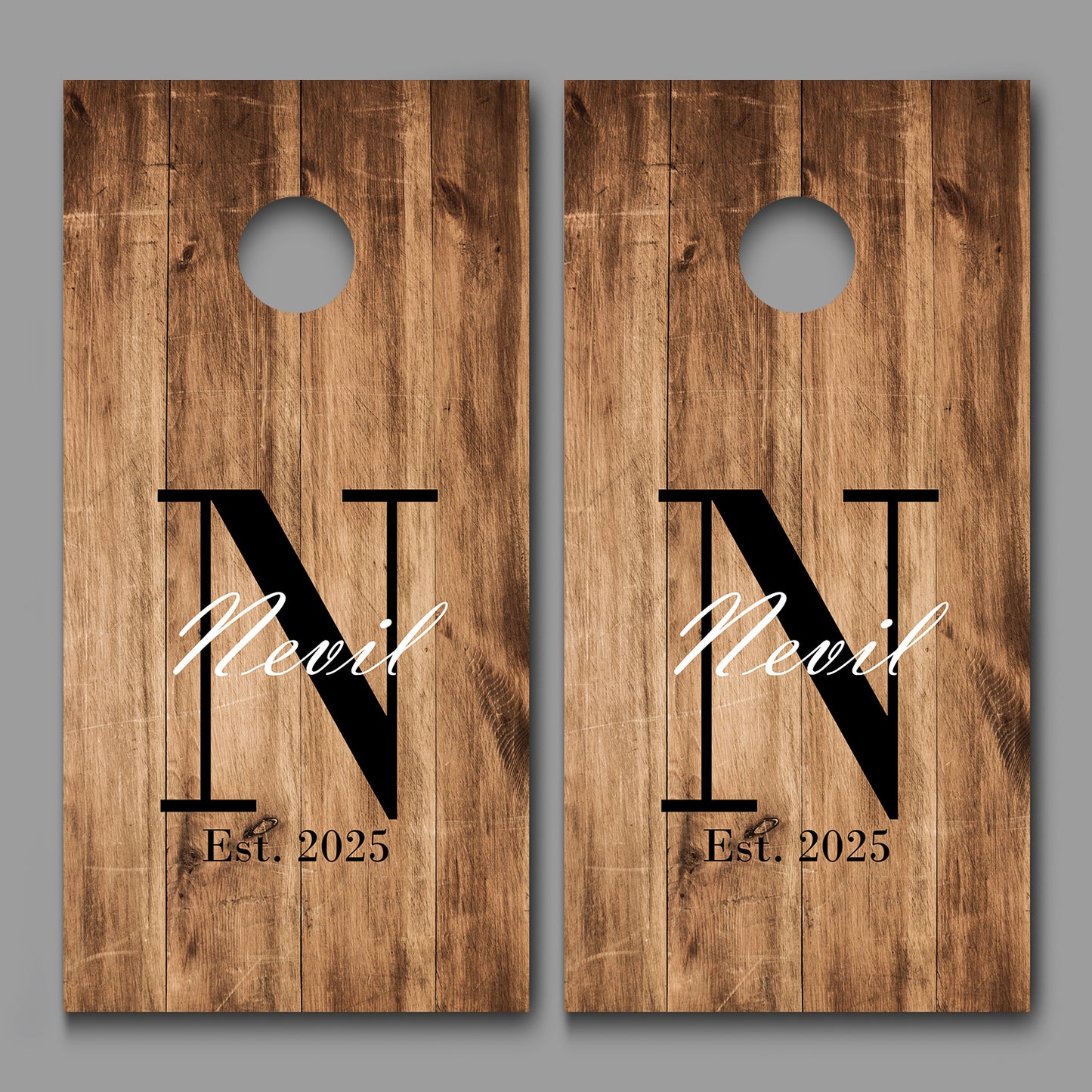 Custom Name, Initial and Date on Aged Wood Cornhole Board Decal Wraps