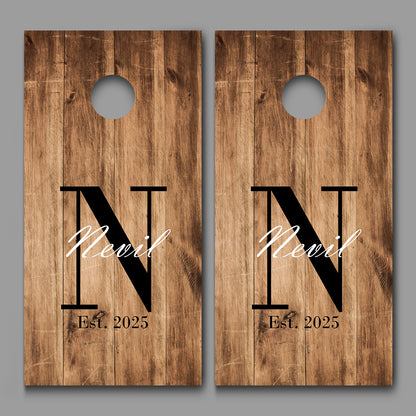 Custom Name, Initial and Date on Aged Wood Cornhole Board Decal Wraps
