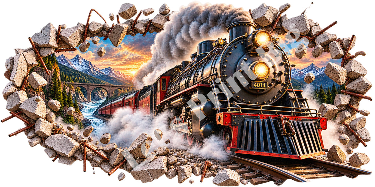 3D Steam Train Breakthrough Wall Decal – Indoor & Outdoor Premium Vinyl Graphic