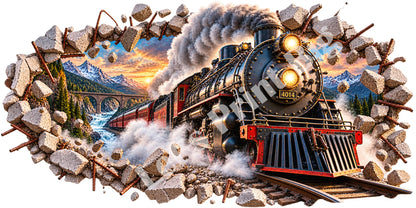 3D Steam Train Breakthrough Wall Decal – Indoor & Outdoor Premium Vinyl Graphic