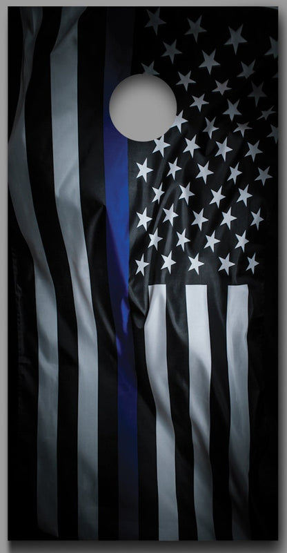 Waving Thin Blue Line American Flag Corn Hole Board Decal Wrap