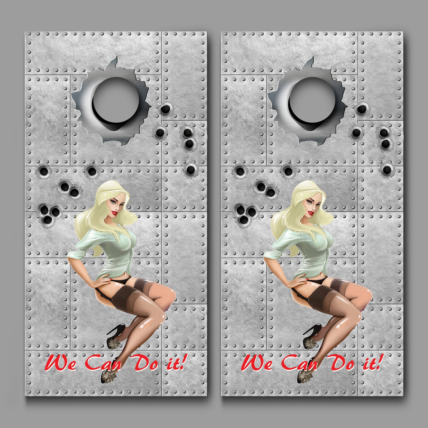 Pin Up Girl Blonde We Can Do It Design Cornhole Board Decal Wraps