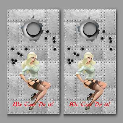 Pin Up Girl Blonde We Can Do It Design Cornhole Board Decal Wraps