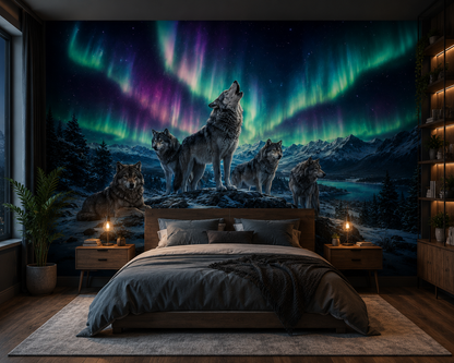 Wolf Pack Northern Lights Wall Mural