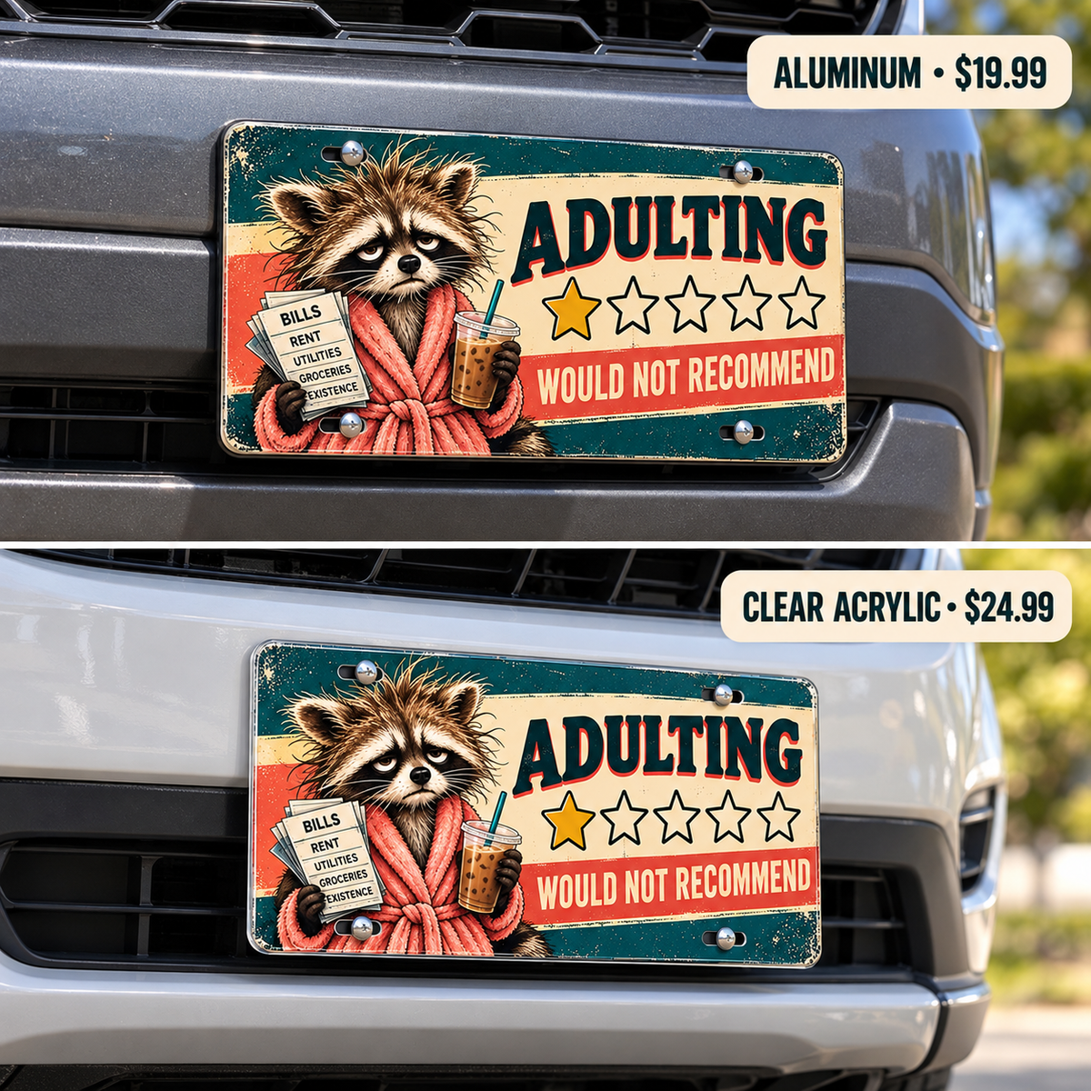 Adulting One Star funny license plate — aluminum and acrylic plates mounted on vehicles