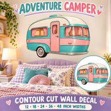 Adventure Camper – Girls Room Wall Decal summary and bedroom mockup – 12 to 48 inch widths