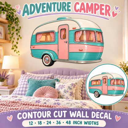 Adventure Camper – Girls Room Wall Decal summary and bedroom mockup – 12 to 48 inch widths
