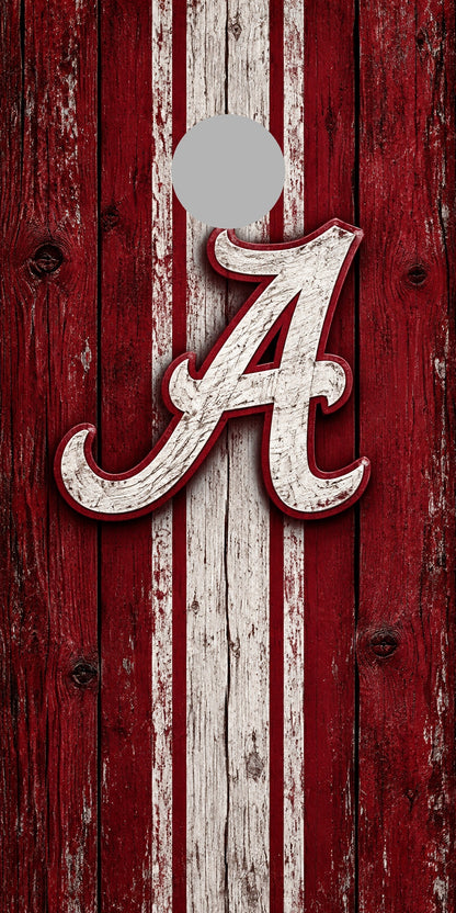 Alabama Crimson Tradition Cornhole Board Wraps with plain gray hole-position preview