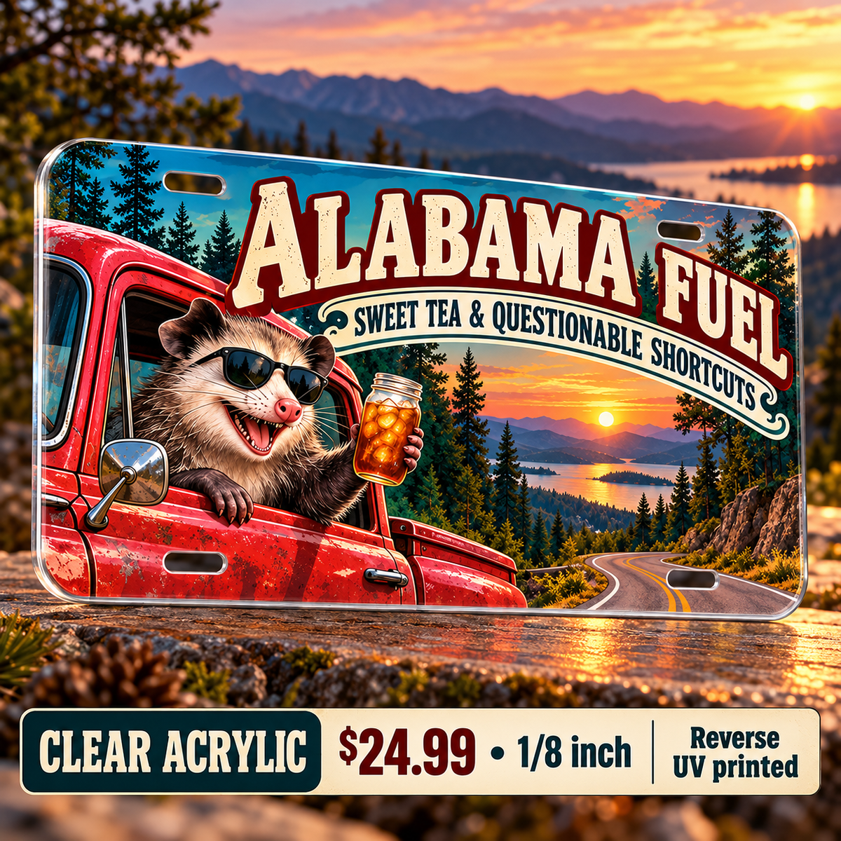 Alabama Sweet Tea Shortcuts funny license plate — ⅛-inch reverse UV printed acrylic with opaque artwork