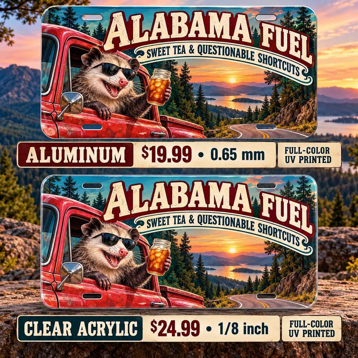 Alabama Sweet Tea Shortcuts funny license plate — aluminum $19.99 and clear acrylic $24.99 comparison