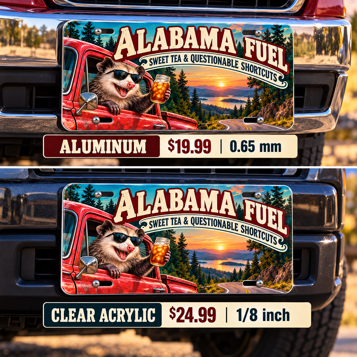 Alabama Sweet Tea Shortcuts funny license plate — aluminum and acrylic vehicle mockups