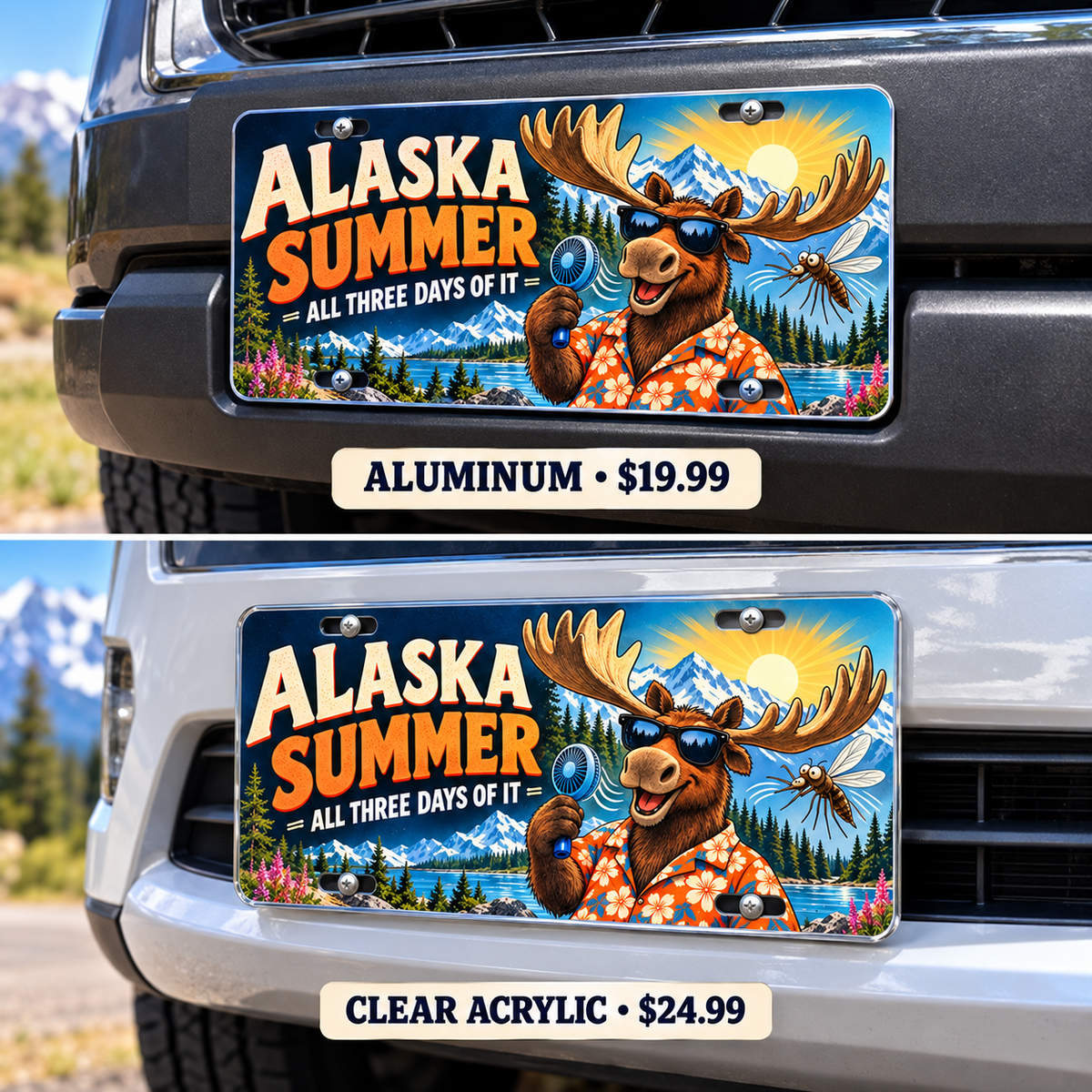 Alaska Summer funny license plate — aluminum and acrylic plates mounted on vehicles