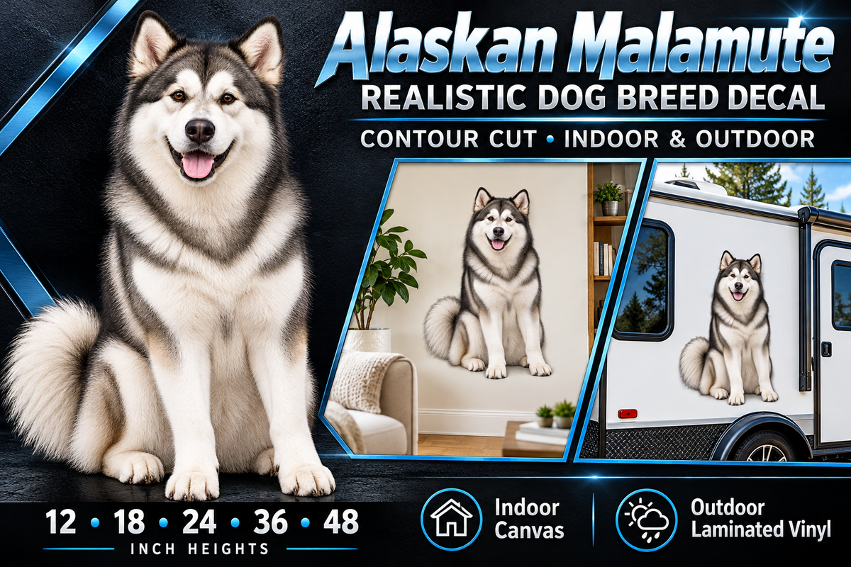 Alaskan Malamute decal summary — 12 to 48 inch heights, indoor and outdoor