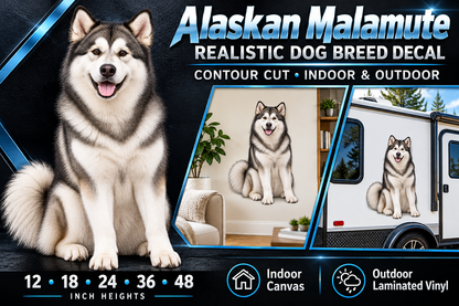 Alaskan Malamute decal summary — 12 to 48 inch heights, indoor and outdoor