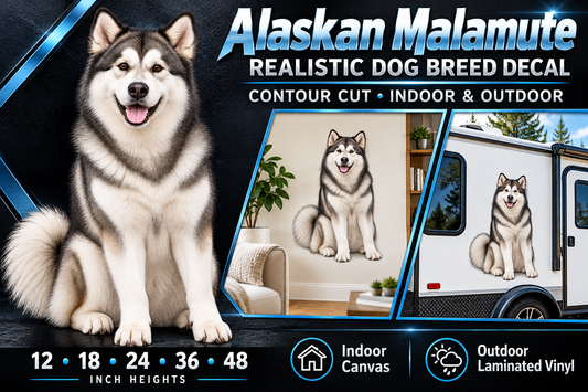 Alaskan Malamute decal summary — 12 to 48 inch heights, indoor and outdoor