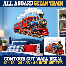 All Aboard Steam Train – Boys Room Wall Decal summary and bedroom mockup – 12 to 48 inch widths
