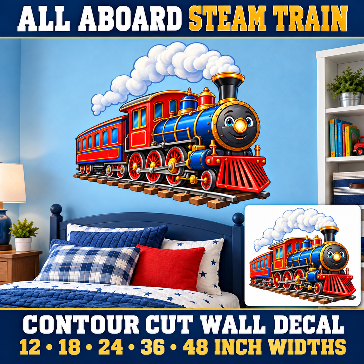 All Aboard Steam Train – Boys Room Wall Decal summary and bedroom mockup – 12 to 48 inch widths