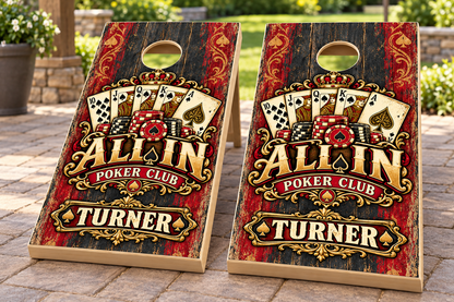 All In Poker Club personalized cornhole wraps - mockup