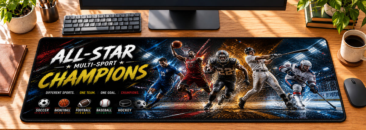 All-Star Multi-Sport Champions Desk Mat in use on a warm wood office desk — overhead workspace view