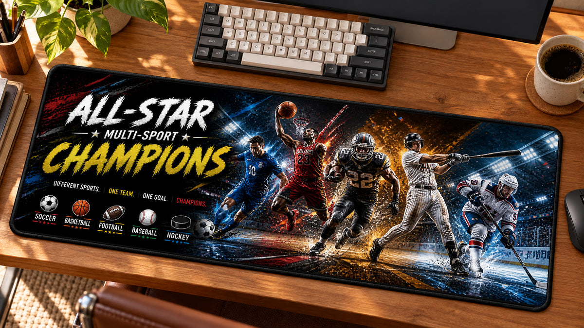 All-Star Multi-Sport Champions Desk Mat in use on a warm wood office desk — angled workspace view