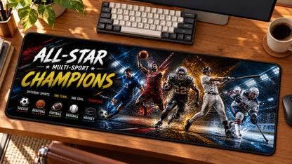 All-Star Multi-Sport Champions Desk Mat in use on a warm wood office desk — angled workspace view