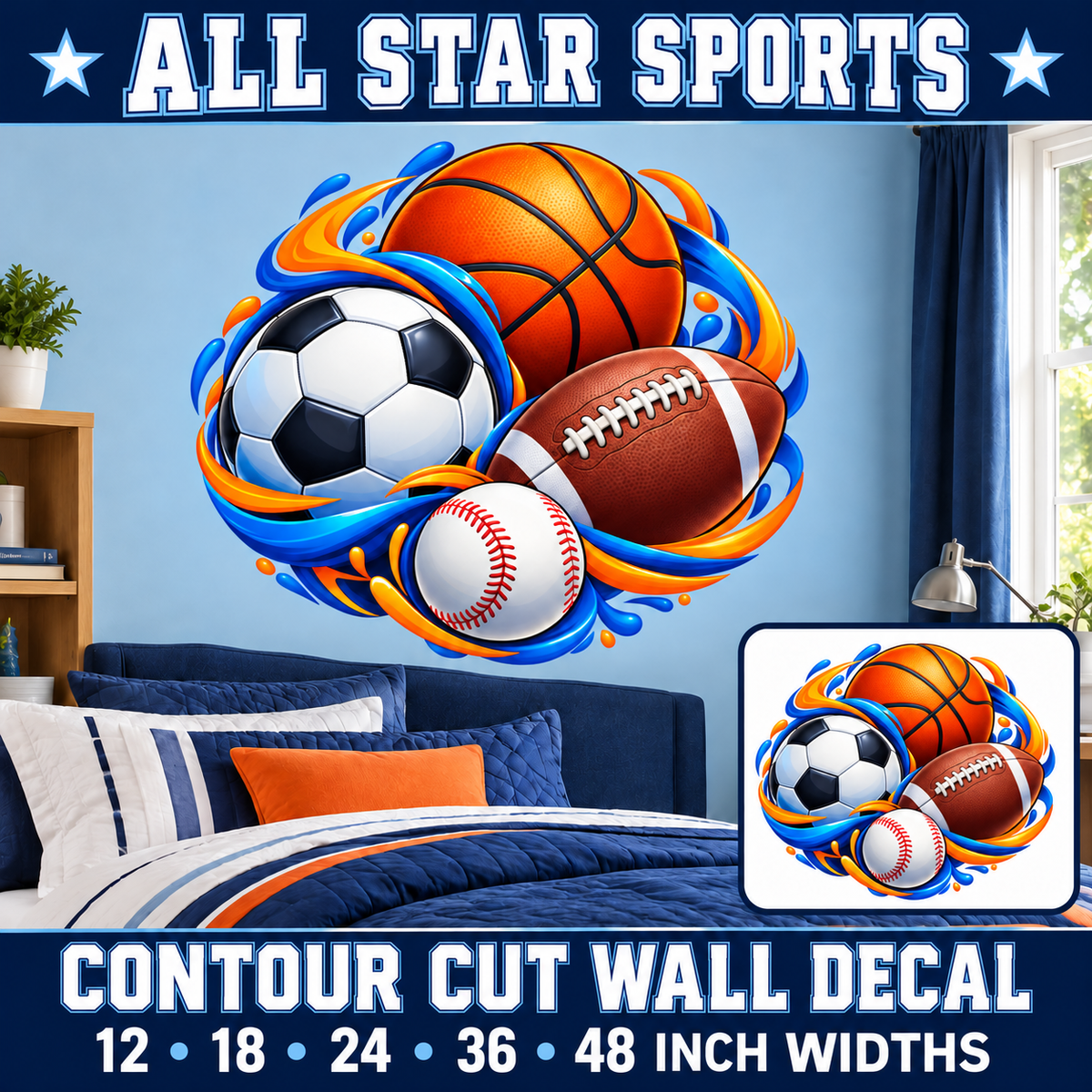 All Star Sports – Boys Room Wall Decal summary and bedroom mockup – 12 to 48 inch widths