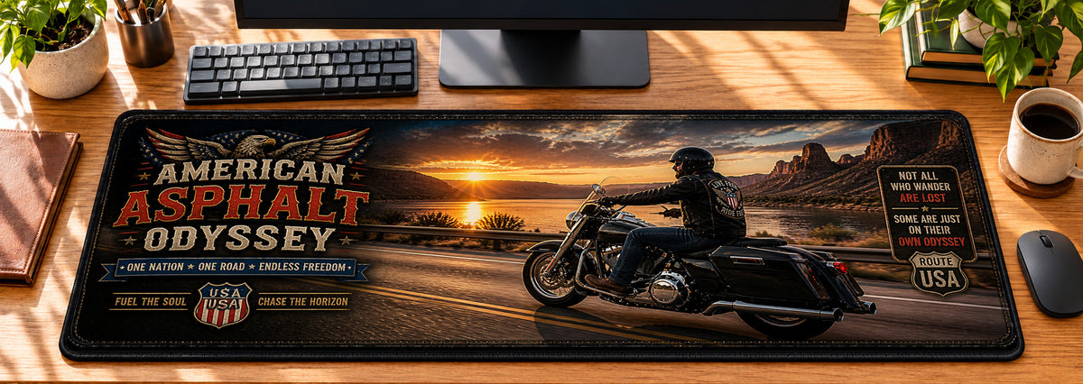 American Asphalt Odyssey Desk Mat in use on a warm wood office desk — overhead workspace view