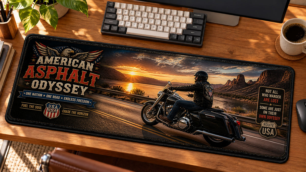 American Asphalt Odyssey Desk Mat in use on a warm wood office desk — angled workspace view