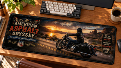 American Asphalt Odyssey Desk Mat in use on a warm wood office desk — angled workspace view