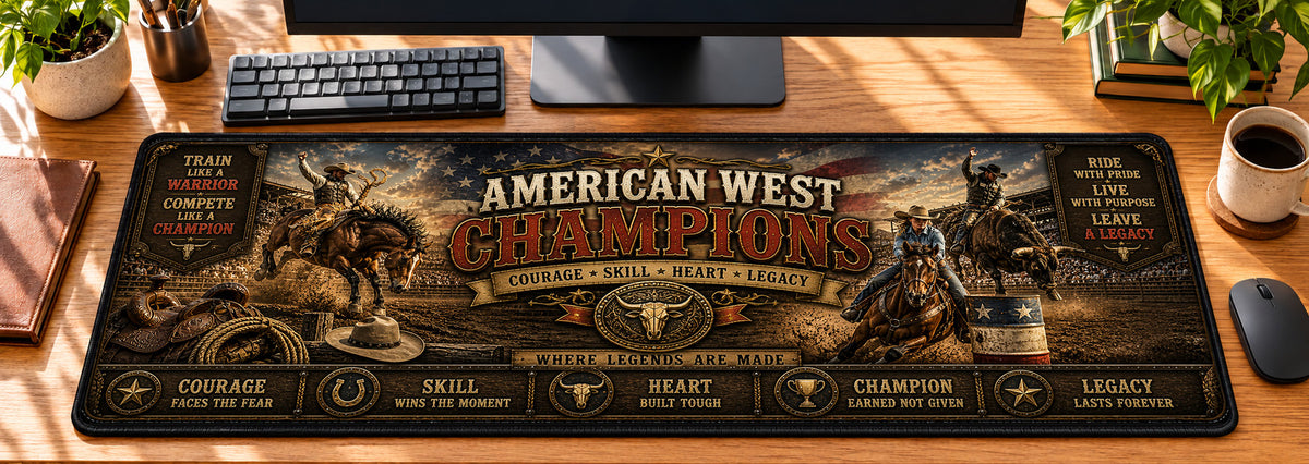 American West Champions Desk Mat in use on a warm wood office desk — overhead workspace view