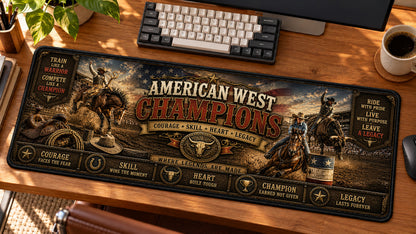 American West Champions Desk Mat in use on a warm wood office desk — angled workspace view