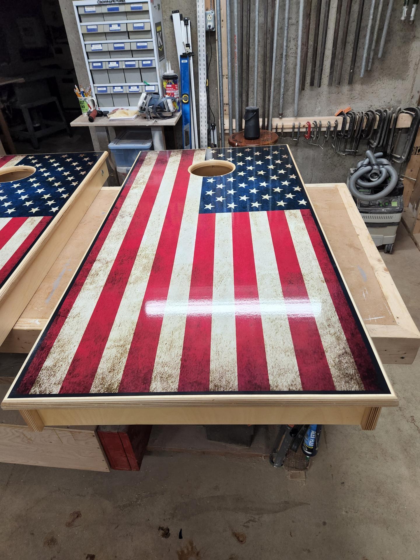 Aged American Flag Cornhole Black Frame Wraps Decals
