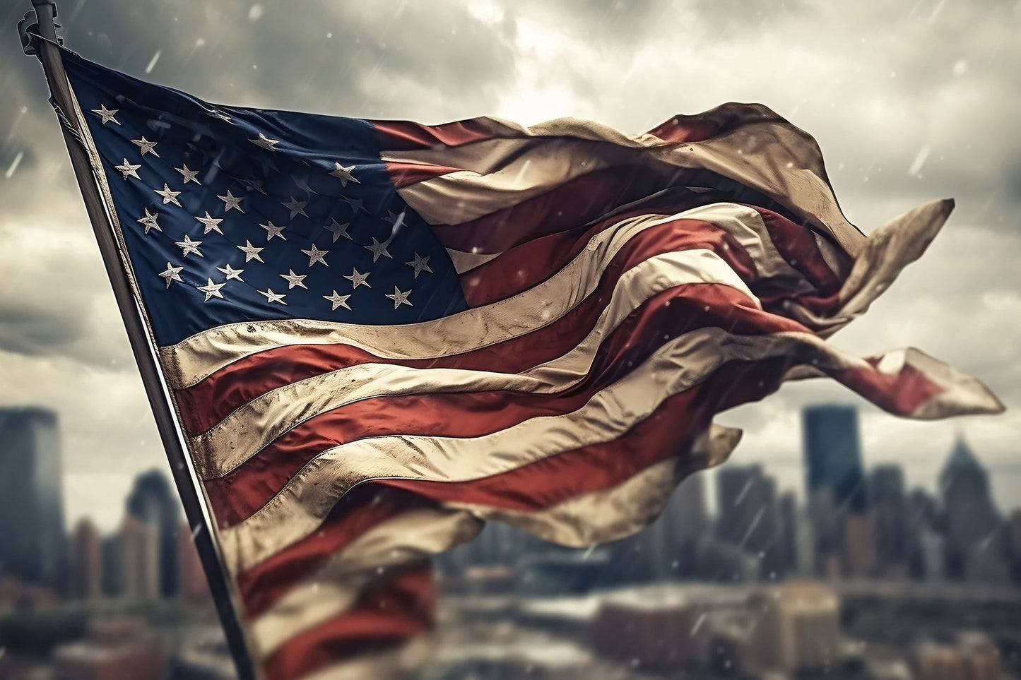 American Flag Blowing in the Wind and Rain Wallpaper Mural
