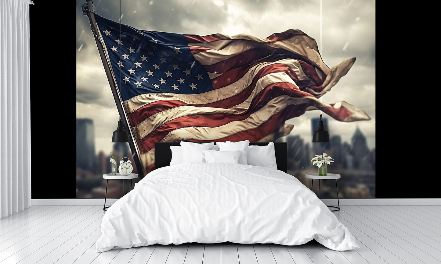 American Flag Blowing in the Wind and Rain Wallpaper Mural