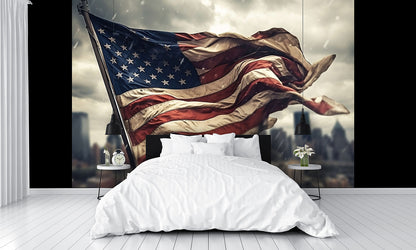 American Flag Blowing in the Wind and Rain Wallpaper Mural