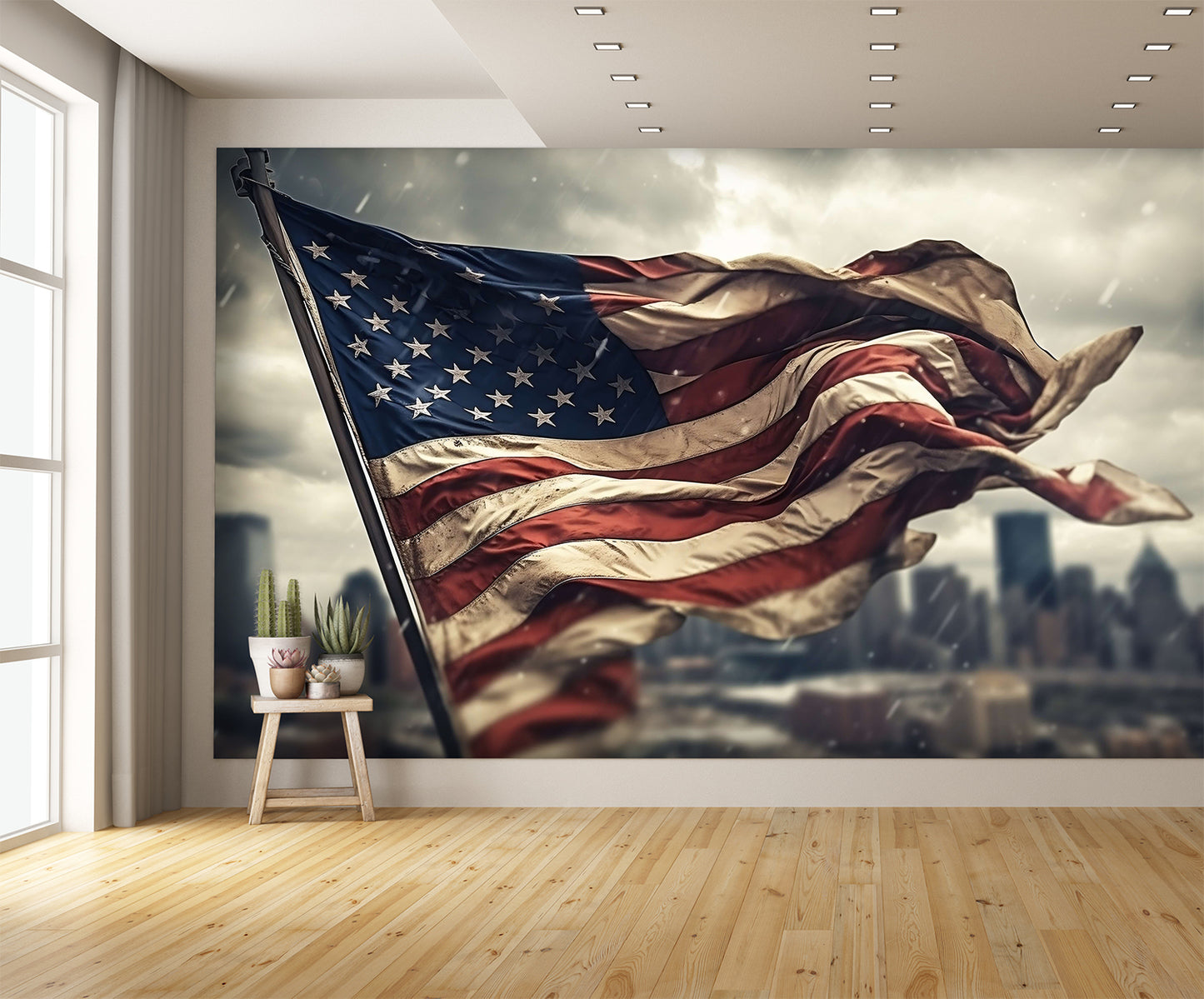 American Flag Blowing in the Wind and Rain Wallpaper Mural