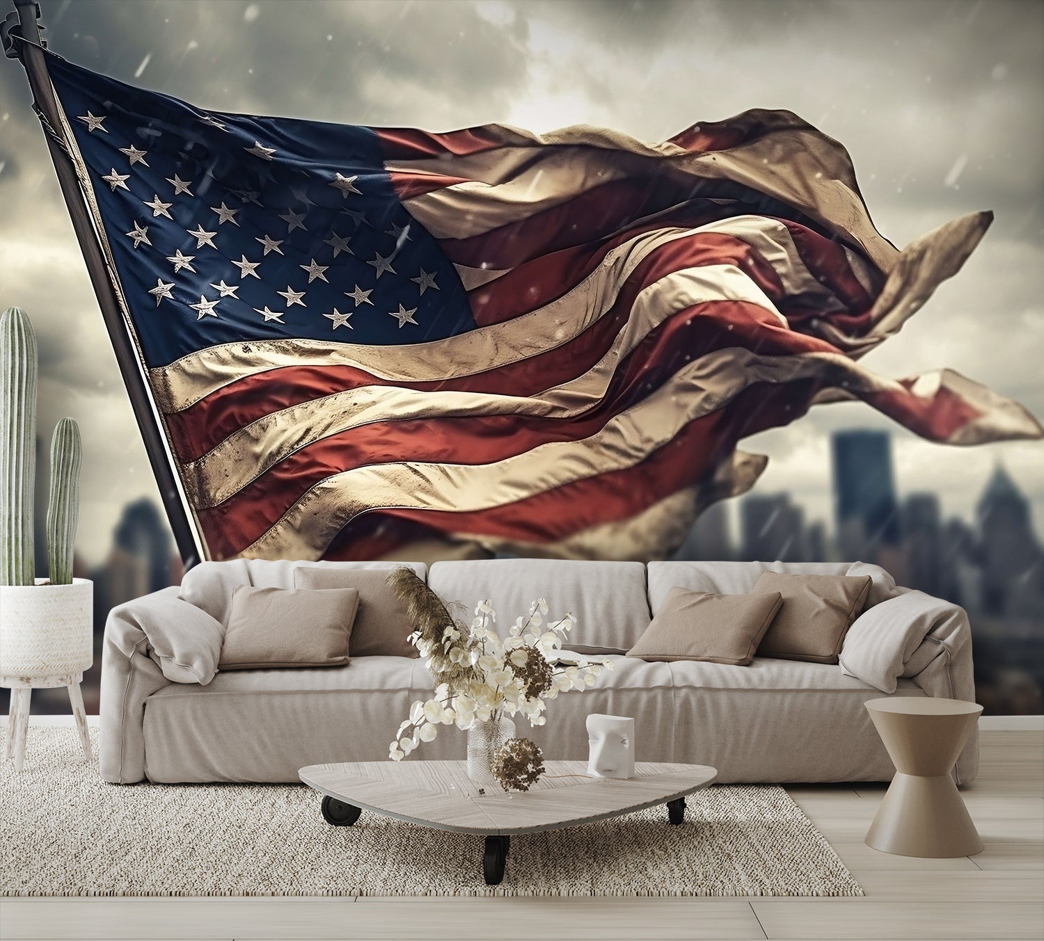 American Flag Blowing in the Wind and Rain Wallpaper Mural