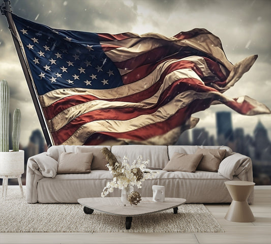 American Flag Blowing in the Wind and Rain Wallpaper Mural