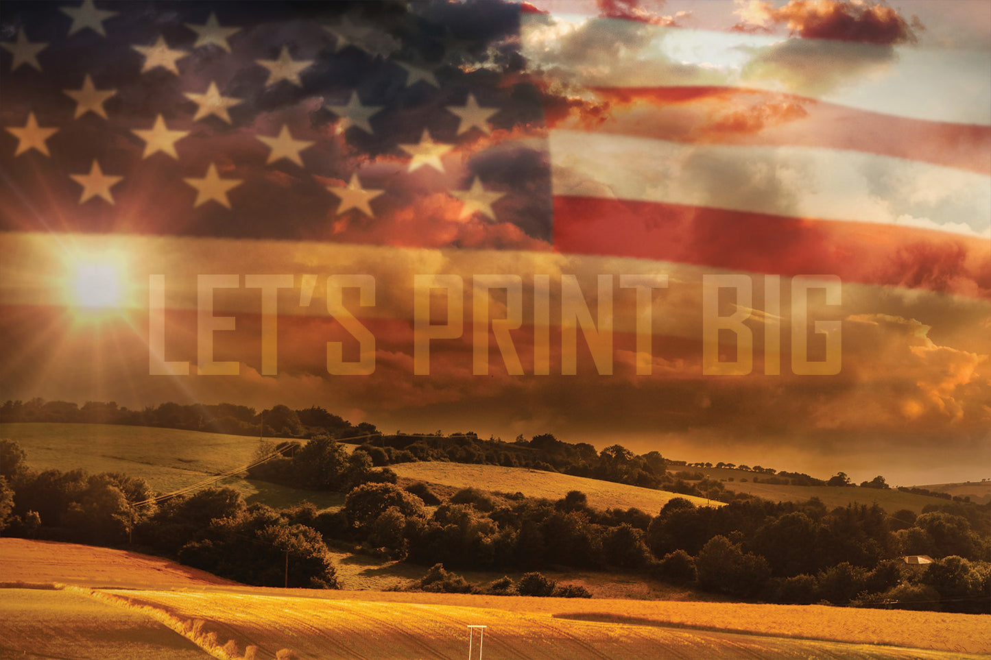 American Flag Wallpaper over Landscape Wall Mural Print proof