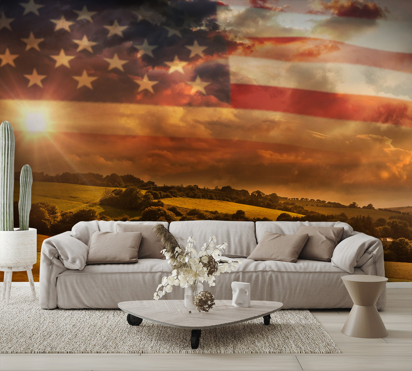 American Flag Wallpaper over Landscape Wall Mural Print living room