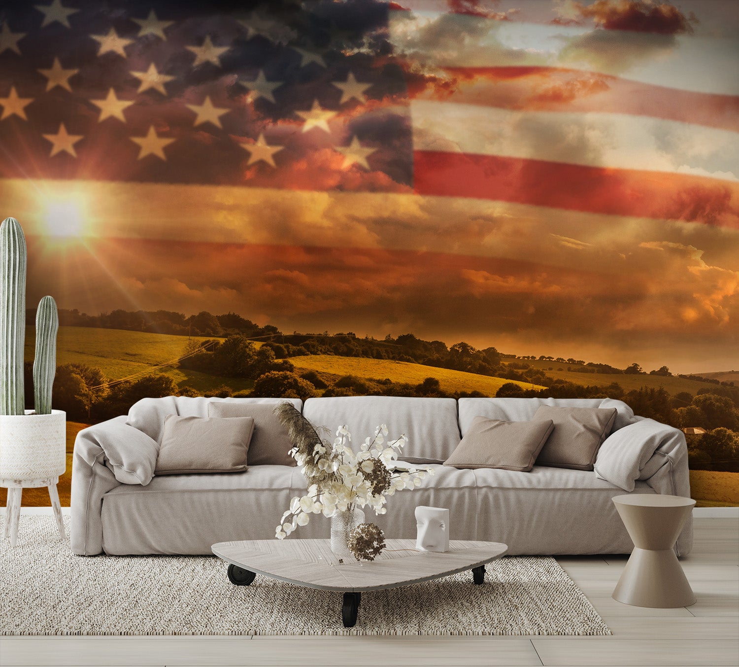 American Flag Wallpaper over Landscape Wall Mural Print living room