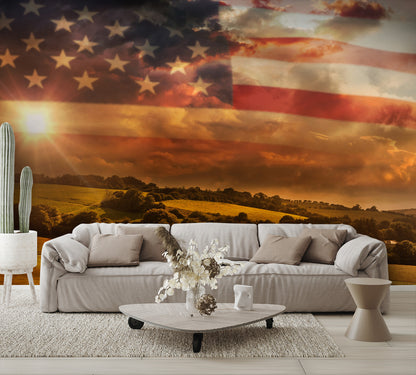American Flag Wallpaper over Landscape Wall Mural Print living room