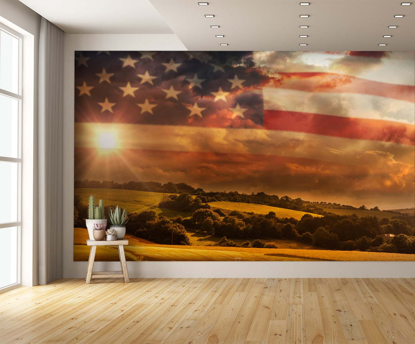 American Flag Wallpaper over Landscape Wall Mural Print extra room
