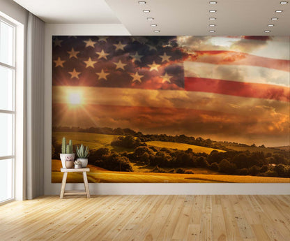 American Flag Wallpaper over Landscape Wall Mural Print extra room