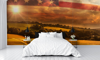 American Flag Wallpaper over Landscape Wall Mural Print bedroom