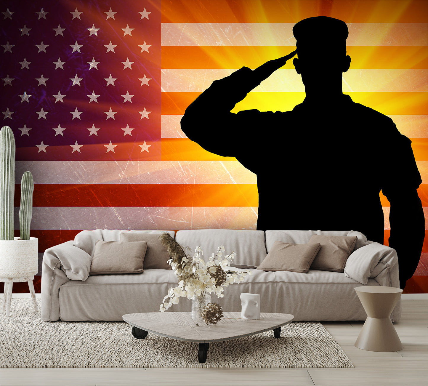 American Flag with Saluting Military Soldier Wallpaper living room