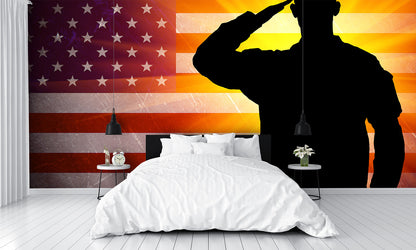 American Flag with Saluting Military Soldier Wallpaper bedroom