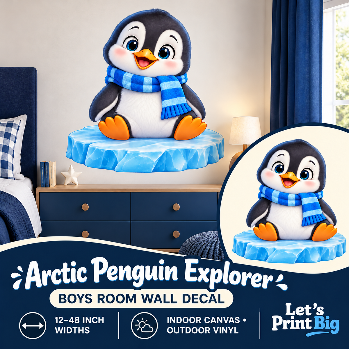 Arctic Penguin Explorer – Boys Room Wall Decal summary and bedroom mockup – 12 to 48 inch widths