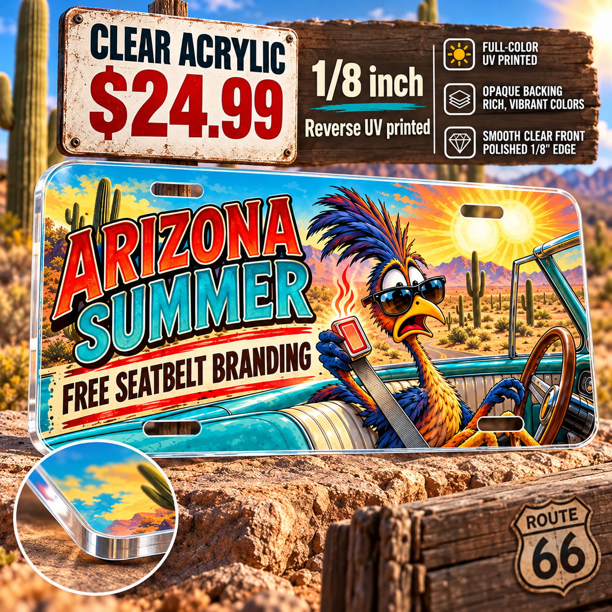 Arizona Hot Seatbelt funny license plate — ⅛-inch reverse UV printed acrylic with opaque artwork