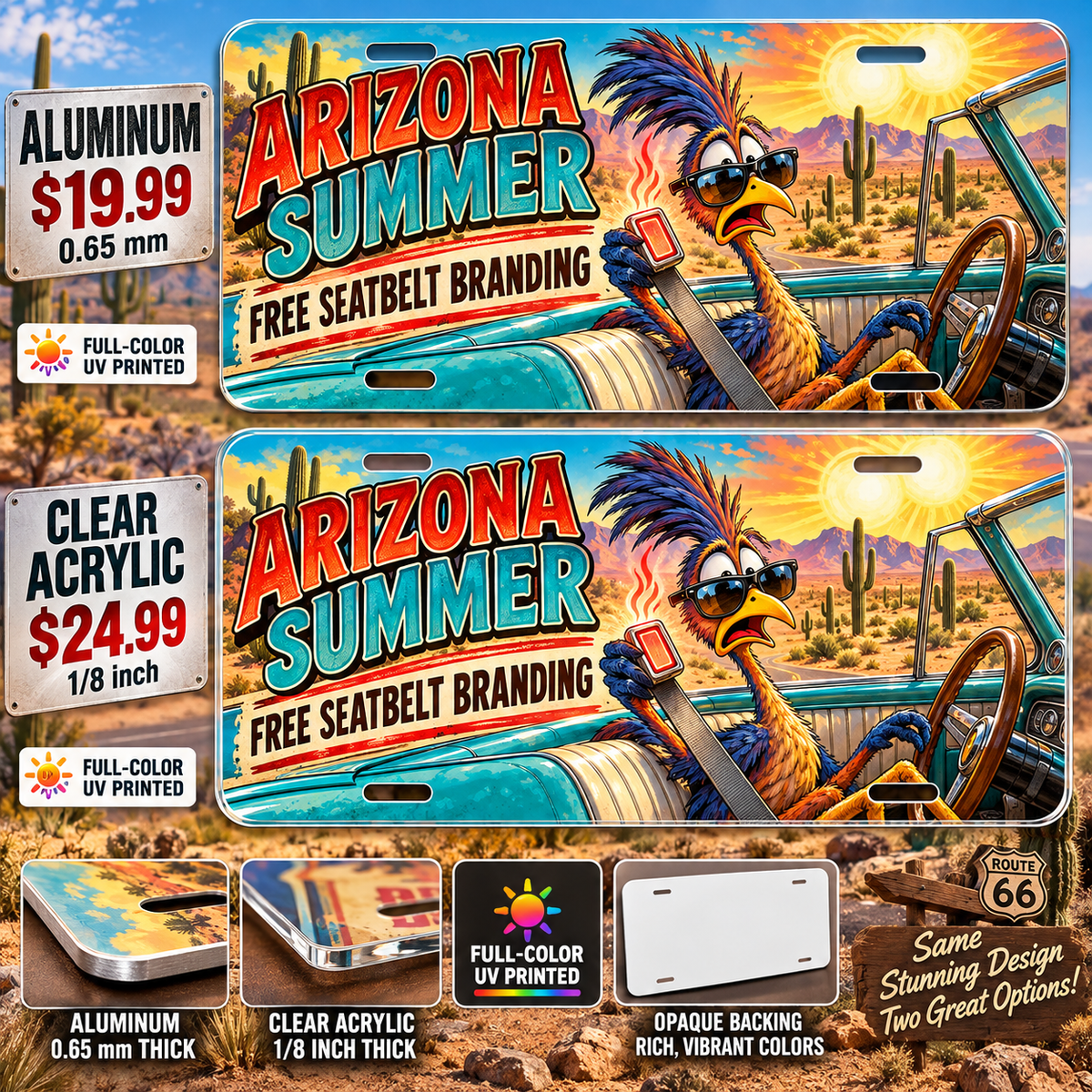 Arizona Hot Seatbelt funny license plate — aluminum $19.99 and clear acrylic $24.99 comparison